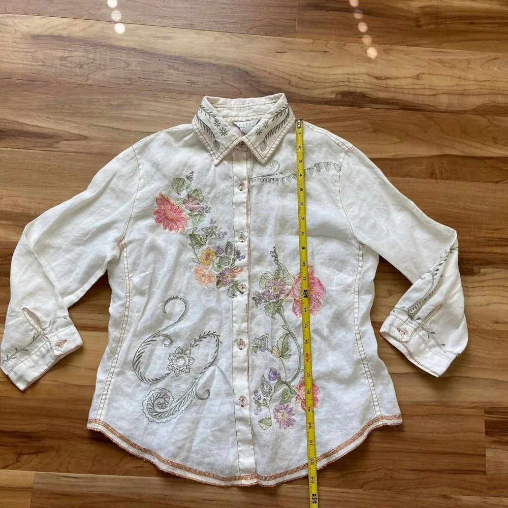 Tweeds Women Linen Embroidered Button Front Shirt Size: S Cottagecore Boho - Picture 9 of 9